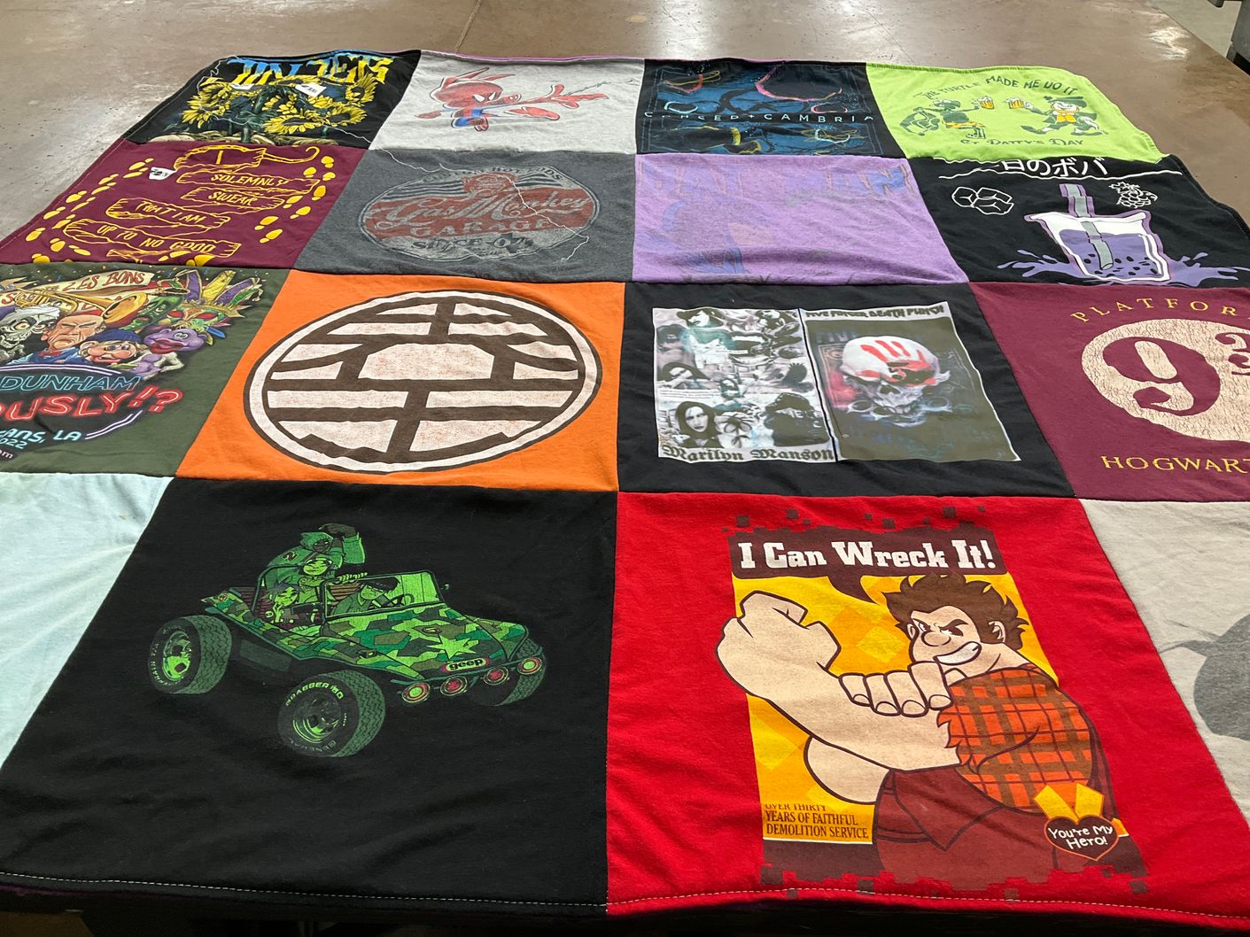 T-shirt quilt with movies, comics themes by Shayna from LA