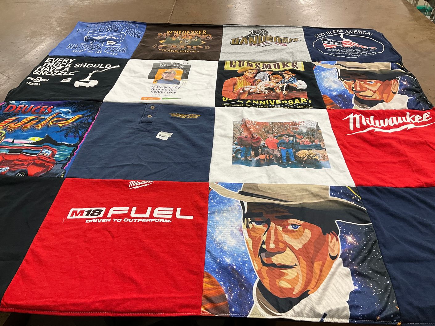 T-shirt quilt with outdoors, trucks themes by Shirley from WI