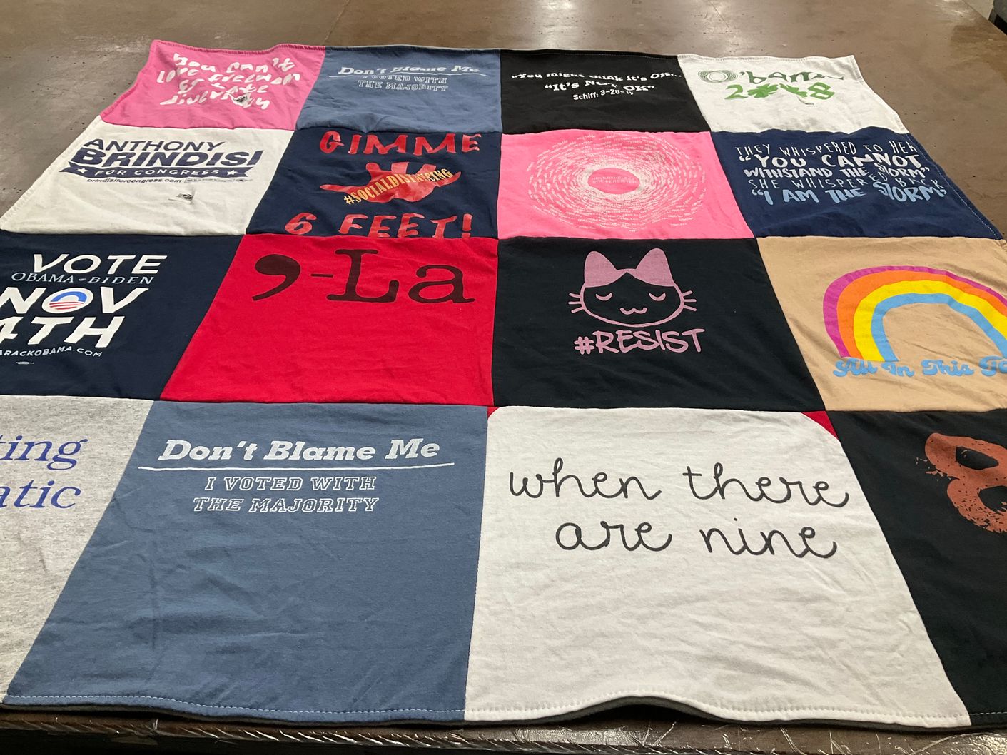 T-shirt quilt with politics, activism themes by Maureen from NY