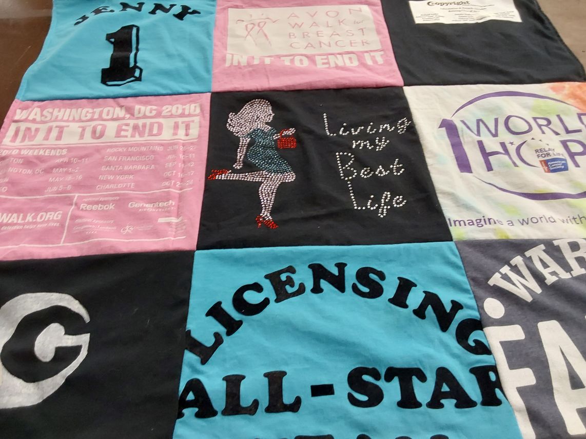 T-shirt quilt with breast cancer awareness, walking events themes by Elise from MD