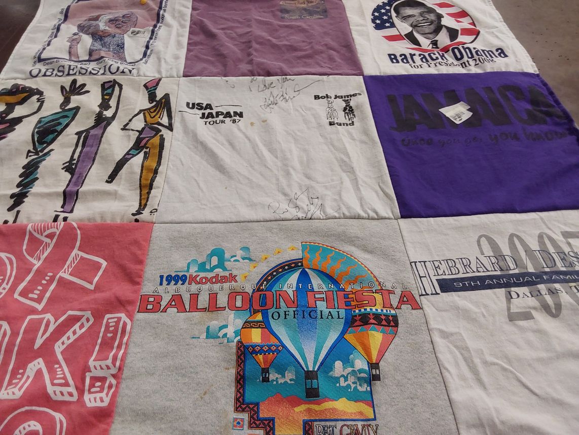 T-shirt quilt with politics, music themes by Elise from MD
