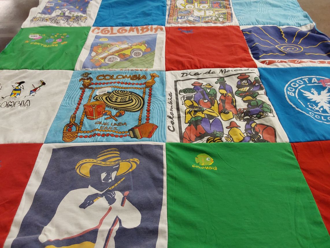 T-shirt quilt with colombian culture, art themes by Maria Elena from NY