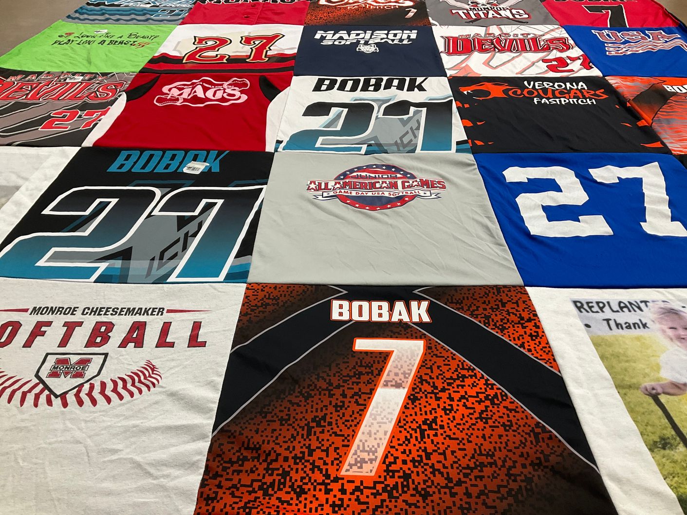 T-shirt quilt featuring monroe cheesemaker softball, madison titans by Lessa from WI