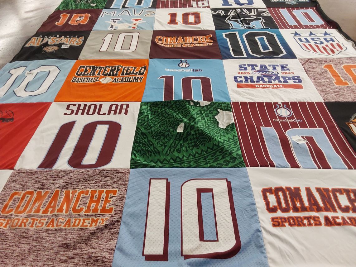 T-shirt quilt with baseball, sports themes by Robyn from GA