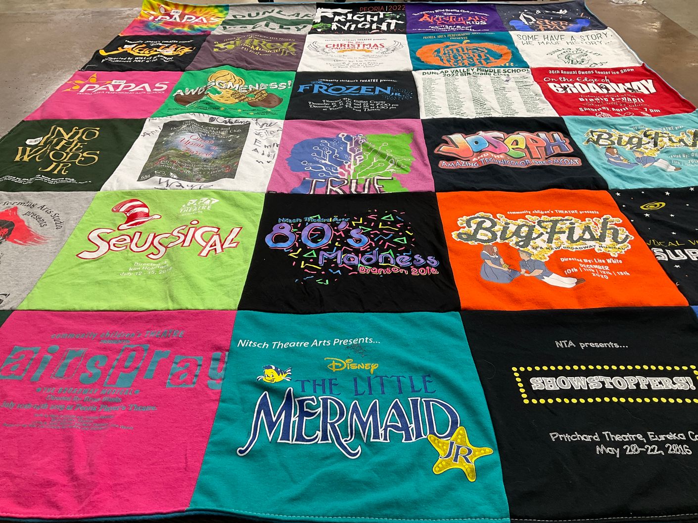 T-shirt quilt with theater, musicals themes by Sandy from IL