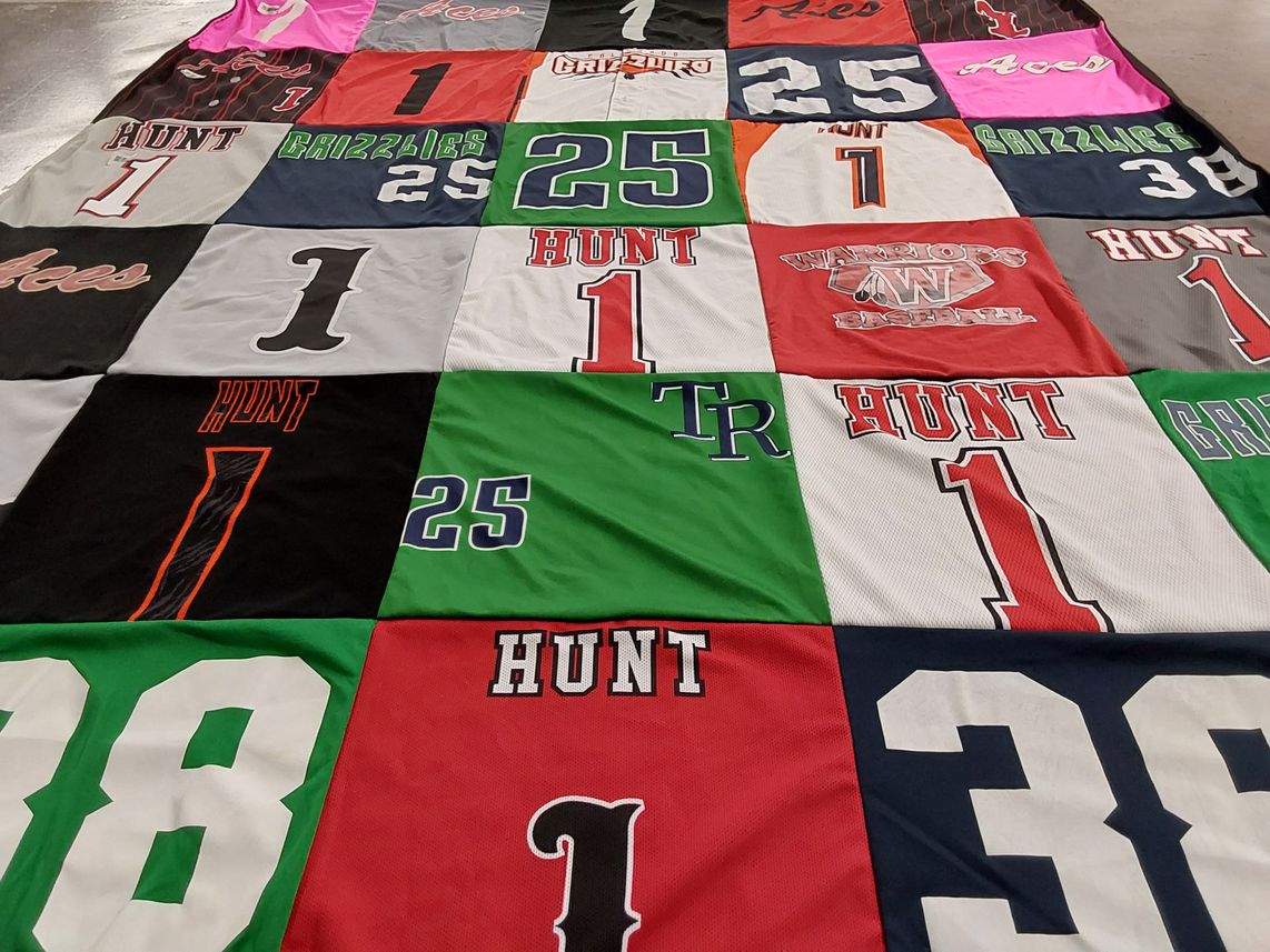 T-shirt quilt with sports, baseball themes by Stacey from CO