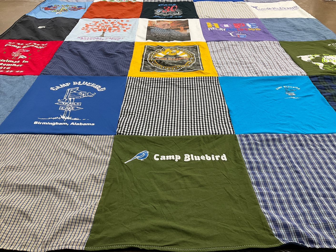 T-shirt quilt with camping, outdoors themes by Karen from AL