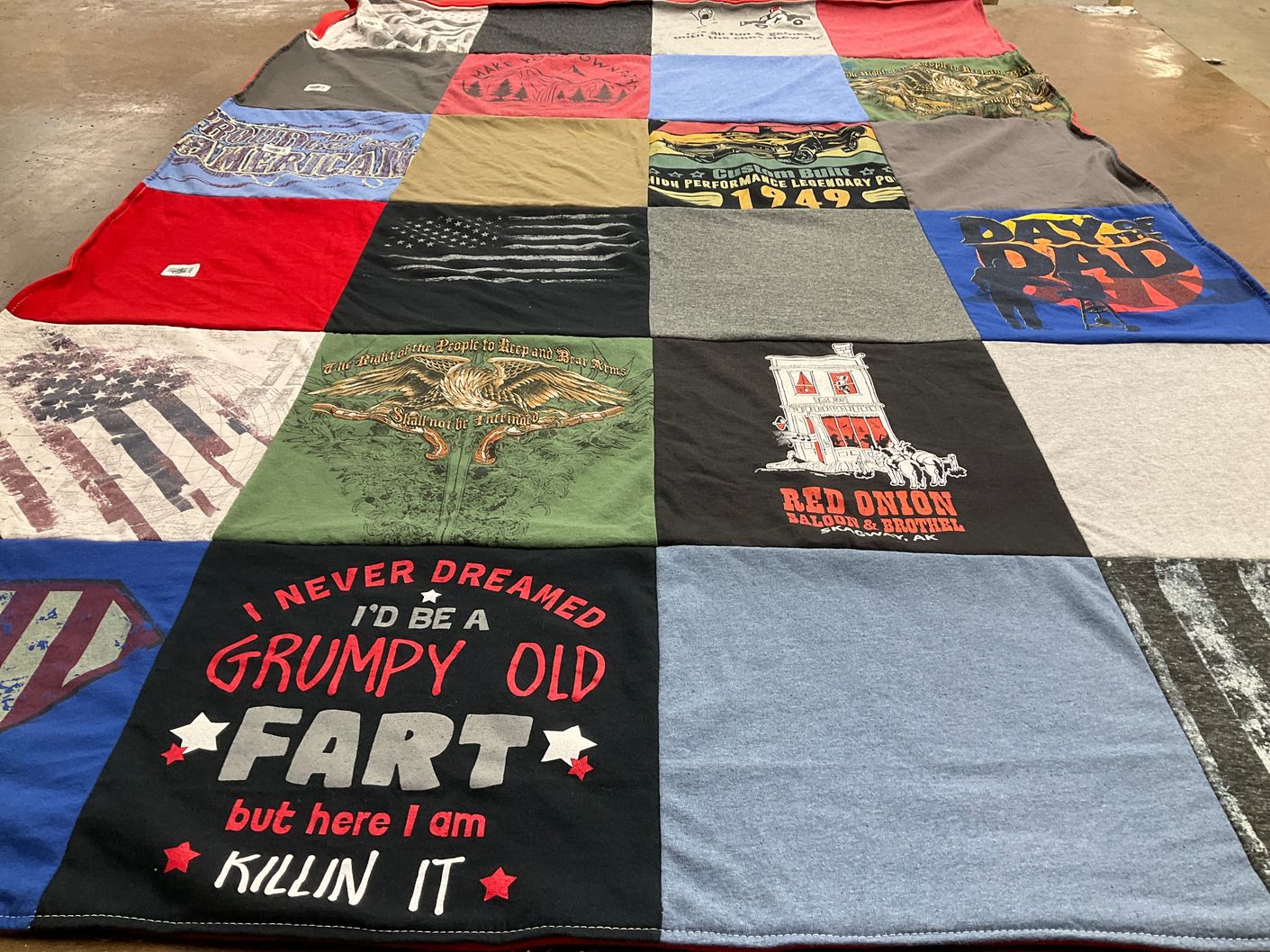 T-shirt quilt with humor, american culture themes by Karen from NJ