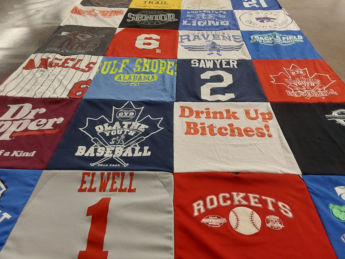 T-shirt quilt featuring olathe youth baseball, olathe north high school lions by Jill from KS