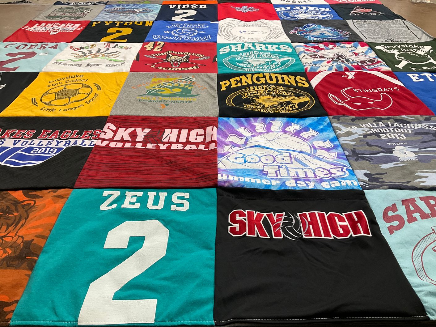 T-shirt quilt featuring lakes eagles volleyball, timberwolves lacrosse by Christy from IL