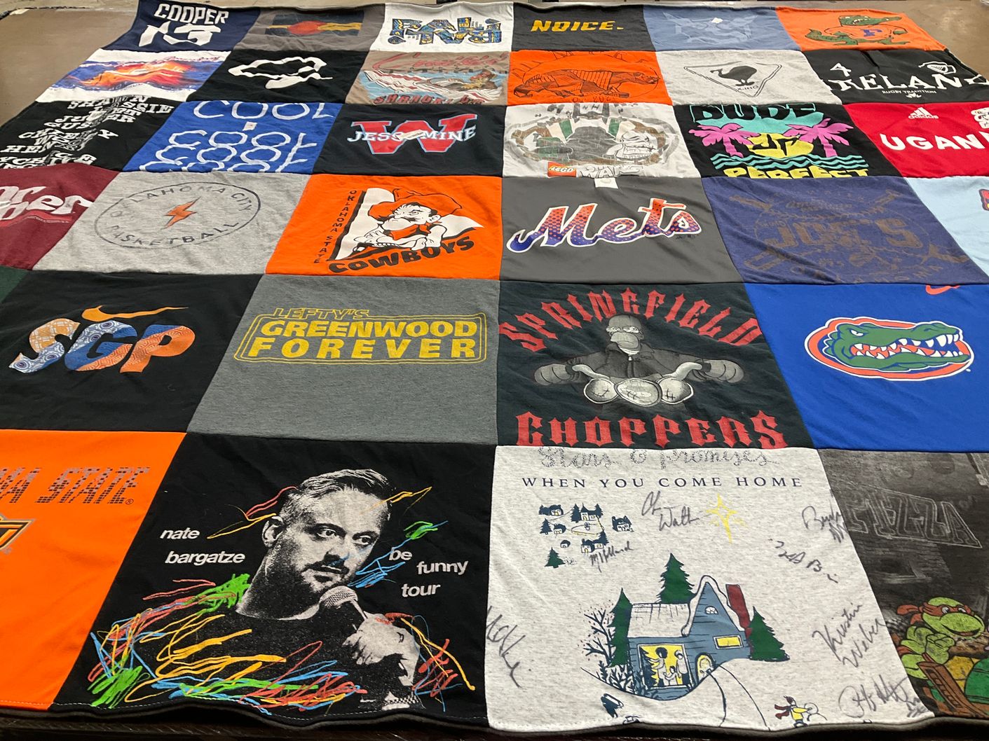 T-shirt quilt featuring florida gators, oklahoma state university cowboys by Carol from KY