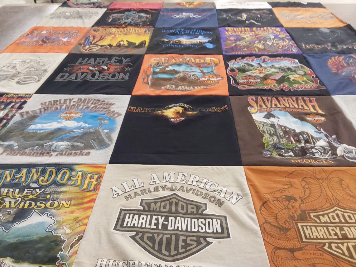 T-shirt quilt with motorcycling, travel themes by Christine from MD