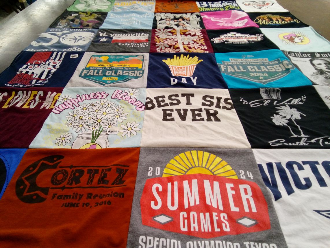 T-shirt quilt with family reunion, special olympics themes by Margie from TX