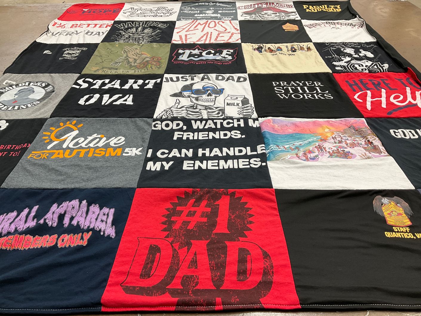 T-shirt quilt with fundraising, transportation themes by Jeffrey from VA