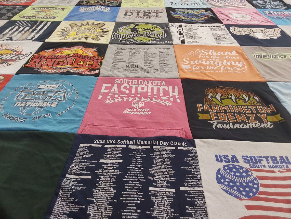 T-shirt quilt with sports, softball themes by Samantha from SD