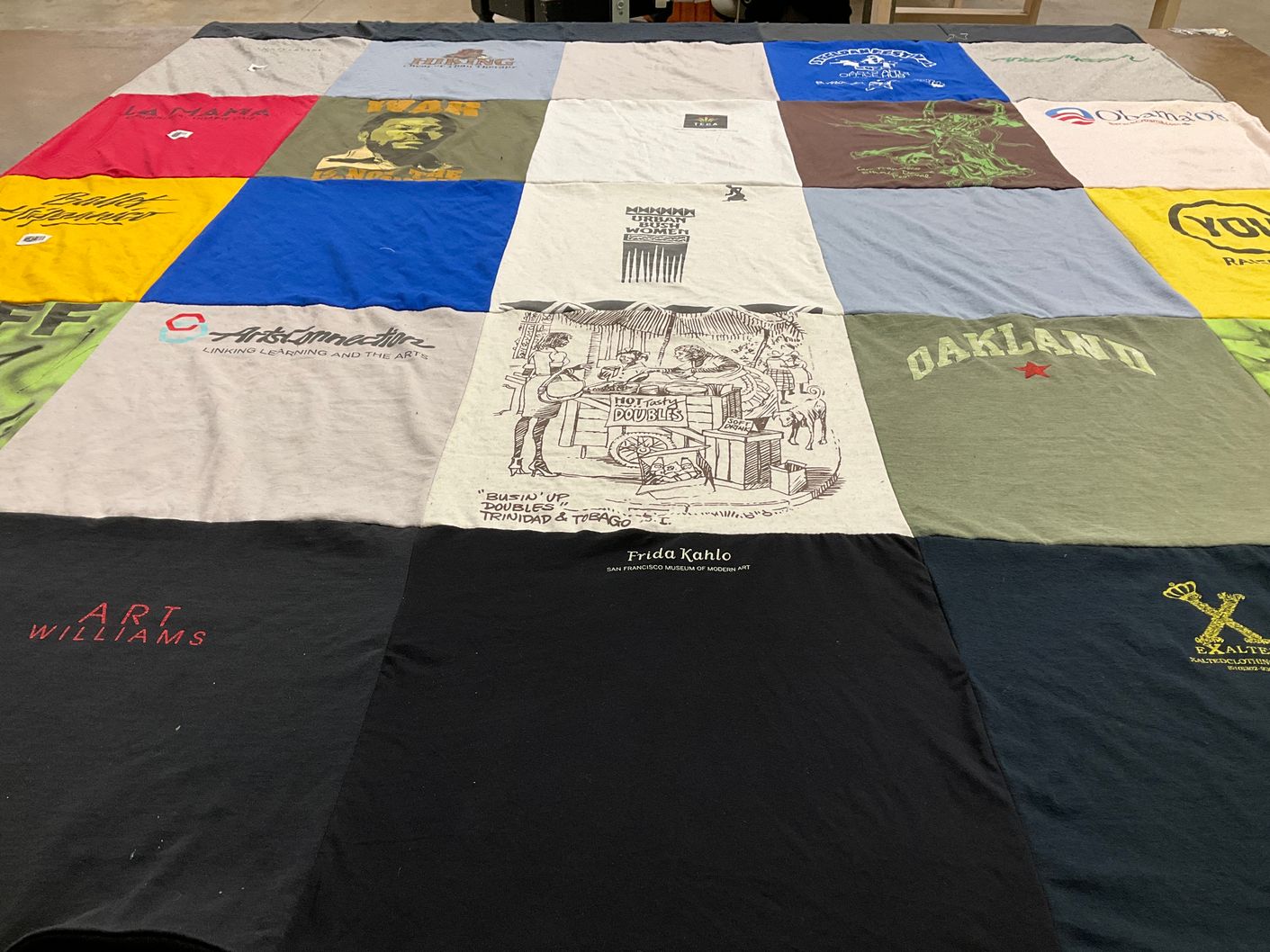 T-shirt quilt with art, theater themes by Rachel from NY
