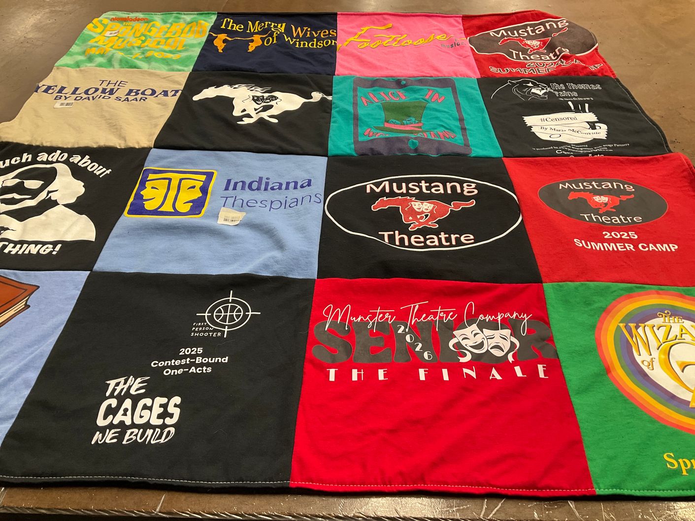 T-shirt quilt with theatre, performing arts themes by Hayes from IN