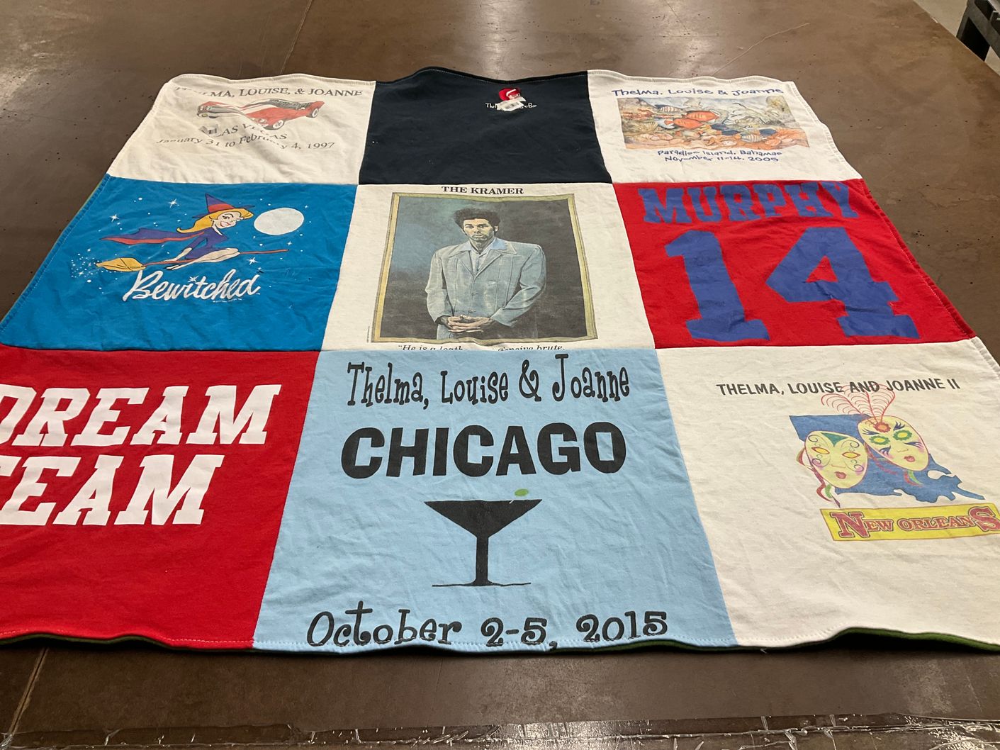 T-shirt quilt with tv shows, travel themes by Joanne from PA