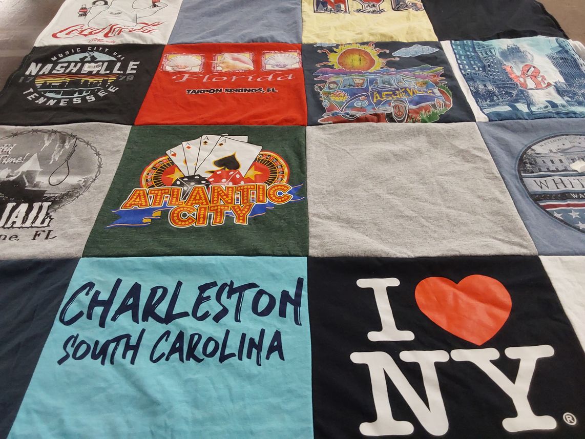 T-shirt quilt with travel, tourism themes by Troy from FL