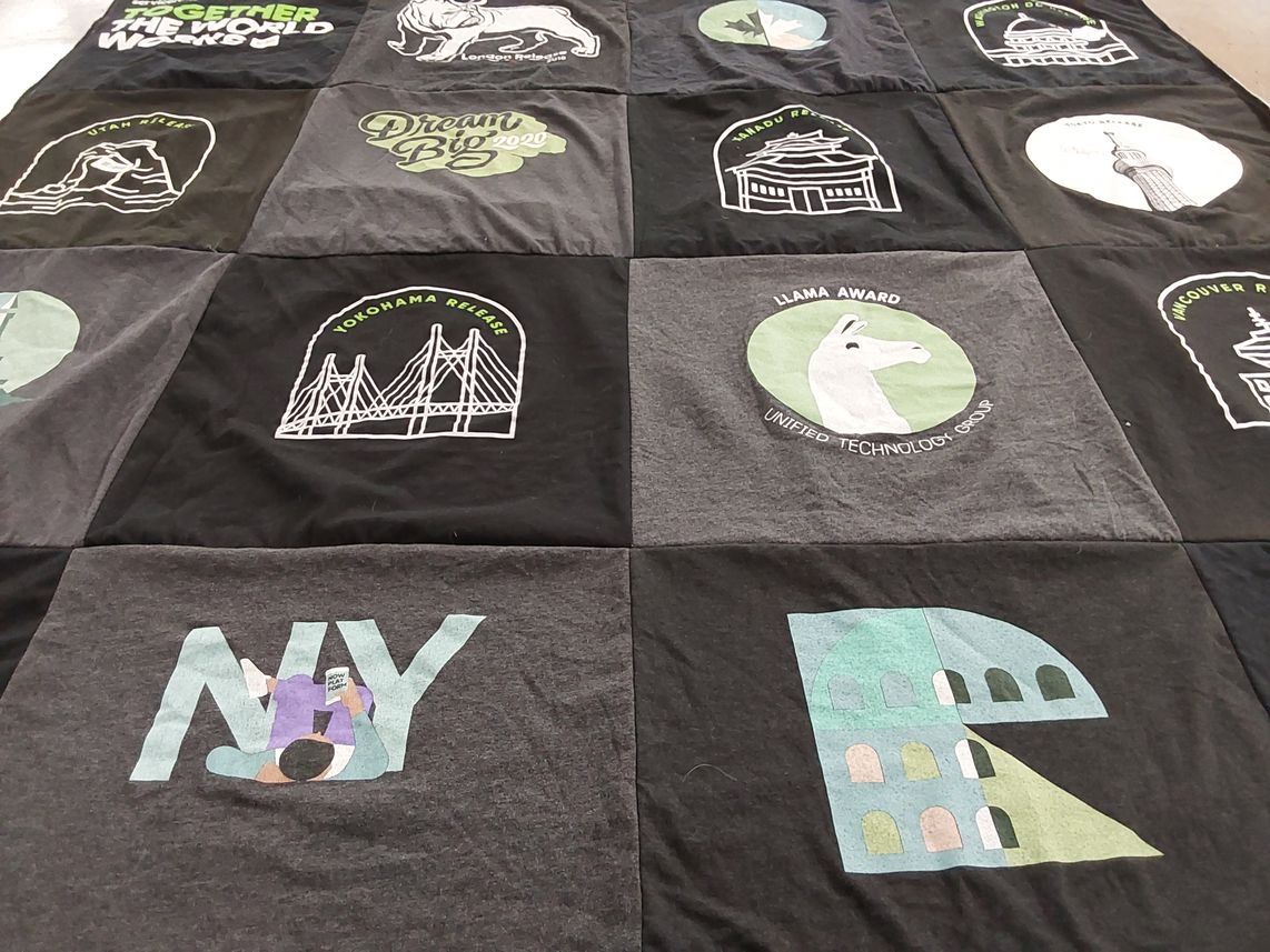 T-shirt quilt with technology, travel themes by Dan from CA