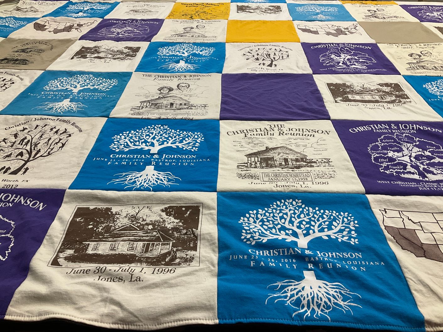 T-shirt quilt with family gatherings, genealogy themes by Marilyn from TX