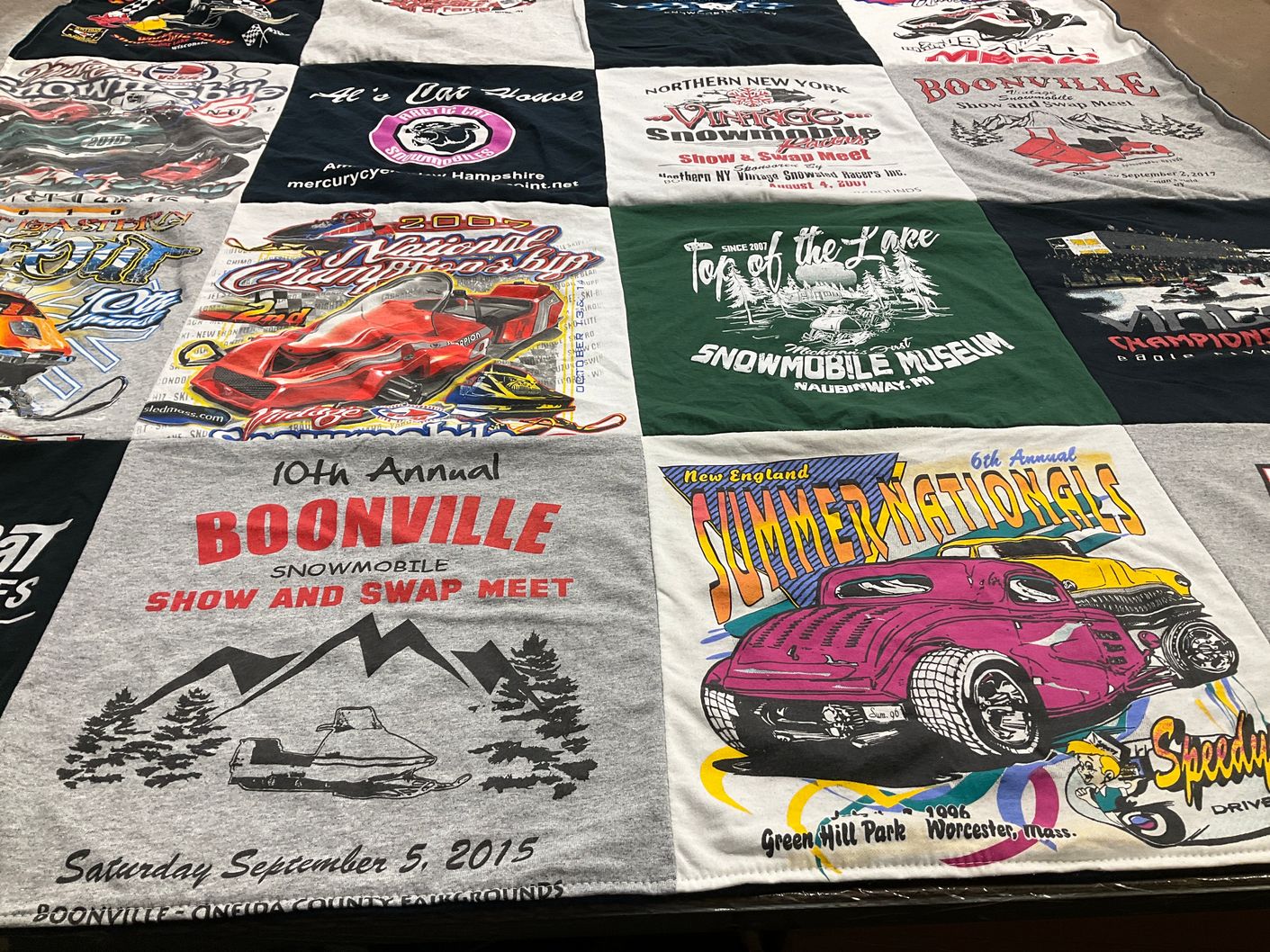 T-shirt quilt with snowmobiles, racing themes by Florence from MA