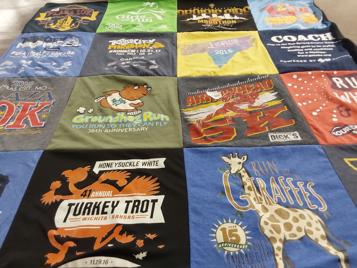 T-shirt quilt with running, sports themes by Sarah from UT