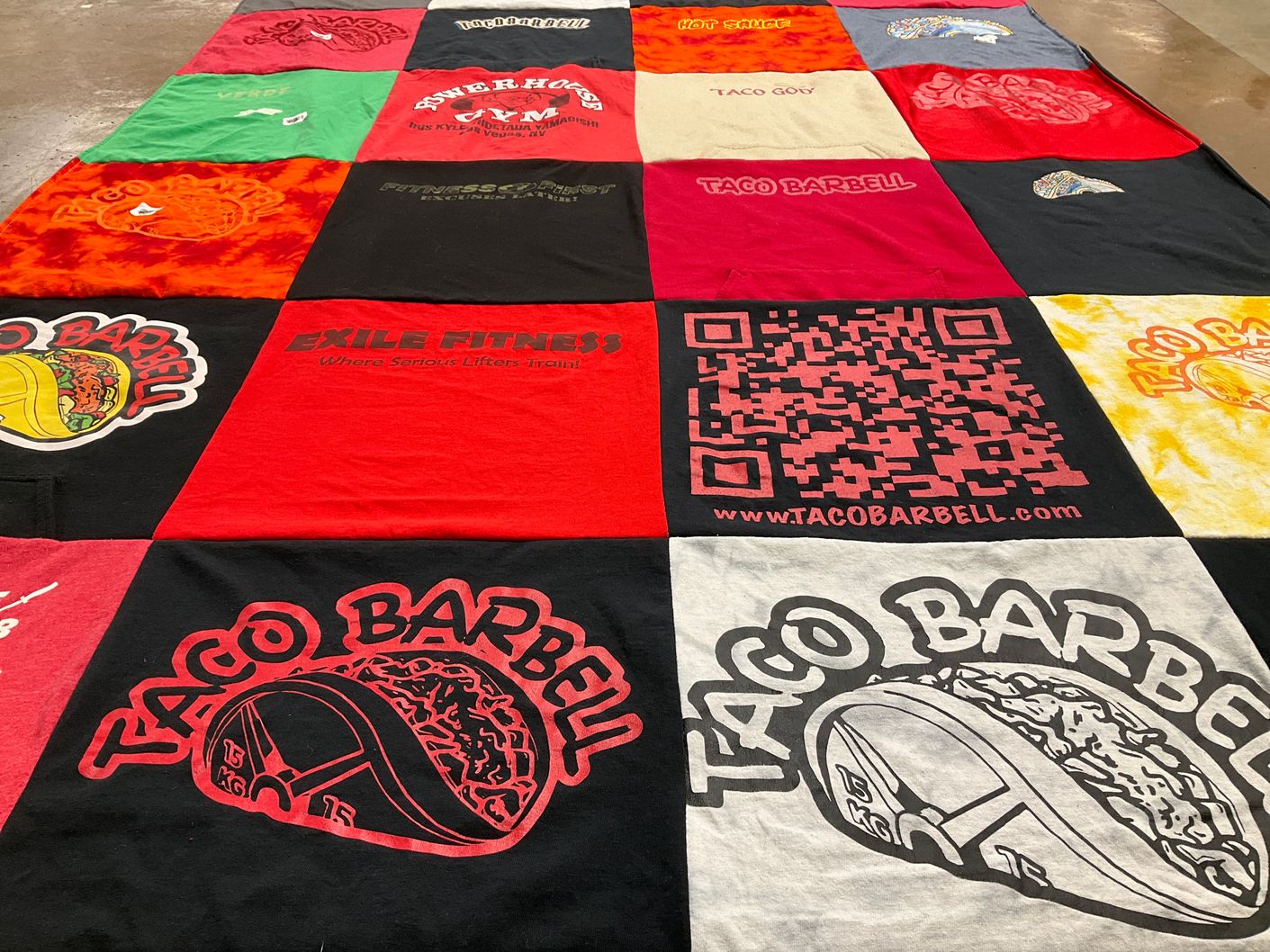T-shirt quilt with weightlifting, fitness themes by Jessica from PA