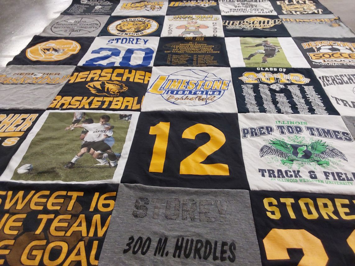 T-shirt quilt featuring herscher basketball, herscher soccer by Sue from IL