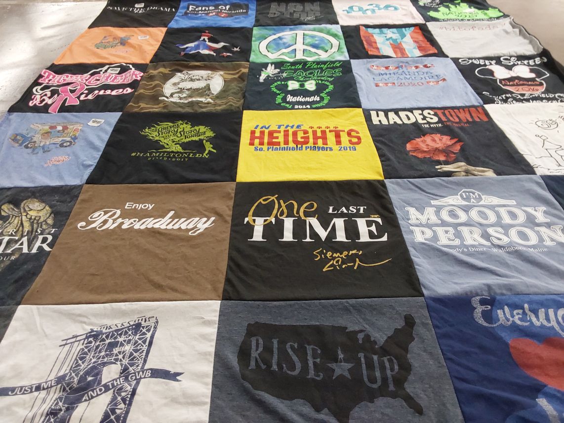 T-shirt quilt with theater, musicals themes by Janice from WA