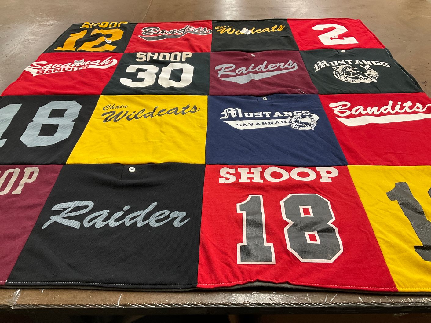 T-shirt quilt featuring schoop, bandits by Tambra from GA