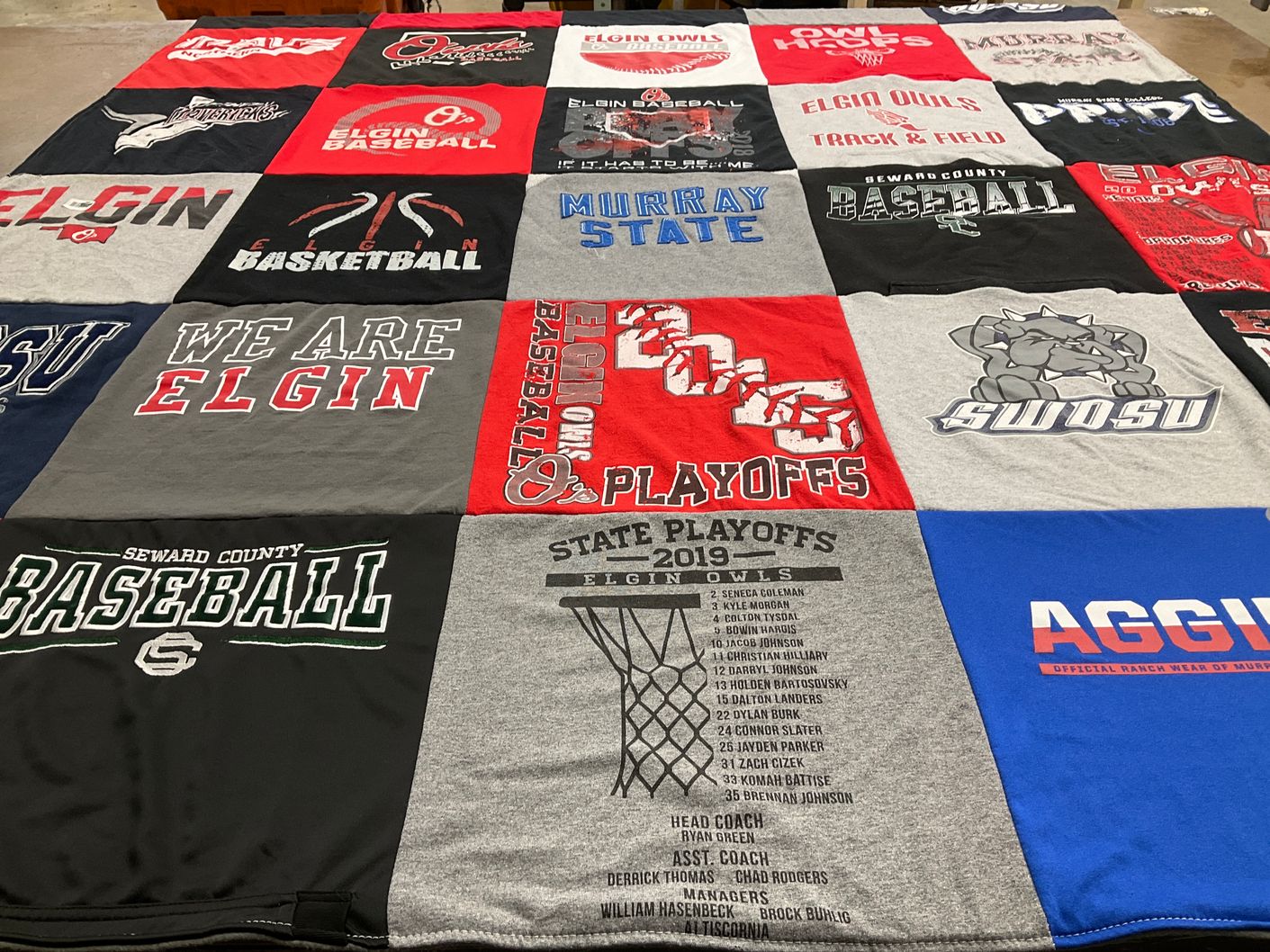 T-shirt quilt featuring elgin owls, seward county baseball by Teri from OK