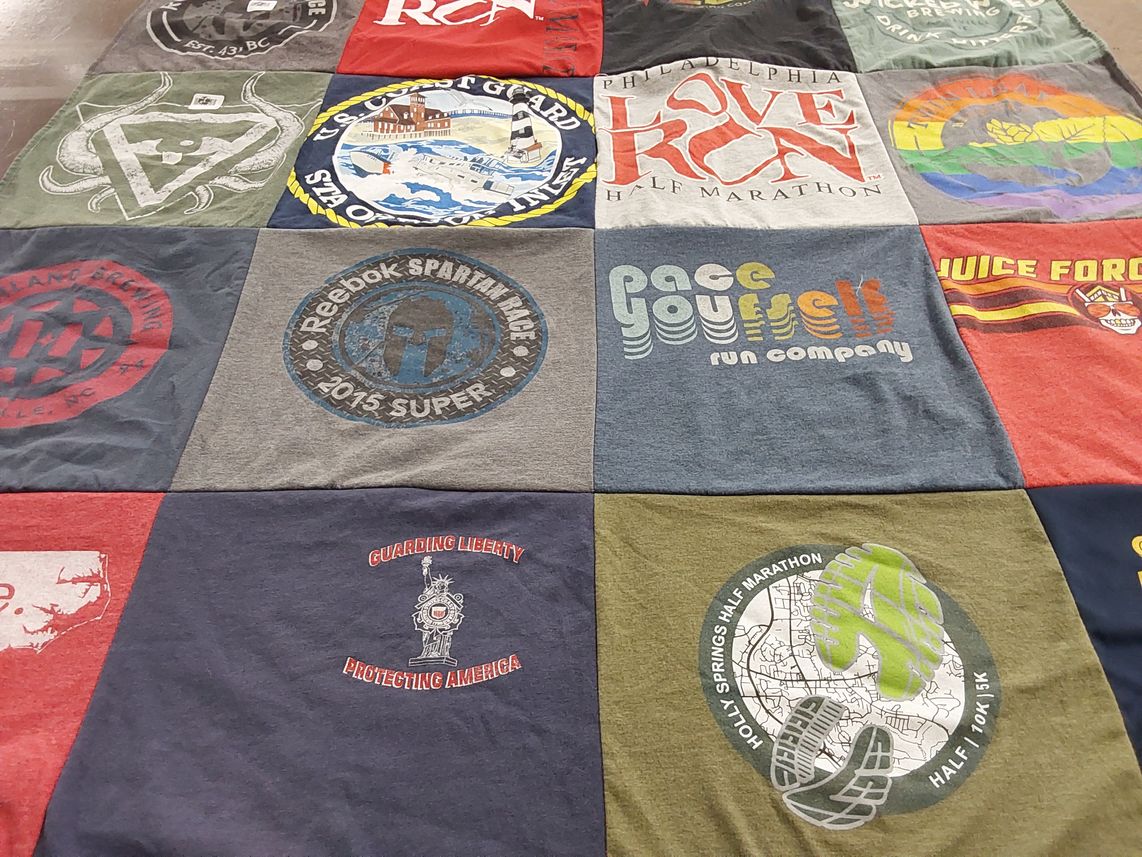 T-shirt quilt with running, marathons themes by Marja from NC