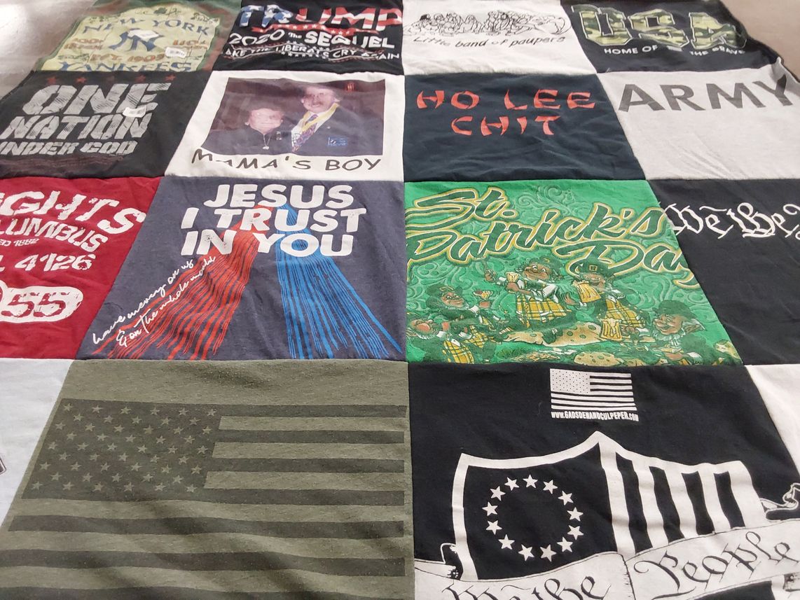 T-shirt quilt with politics, religion themes by Krystal from NY