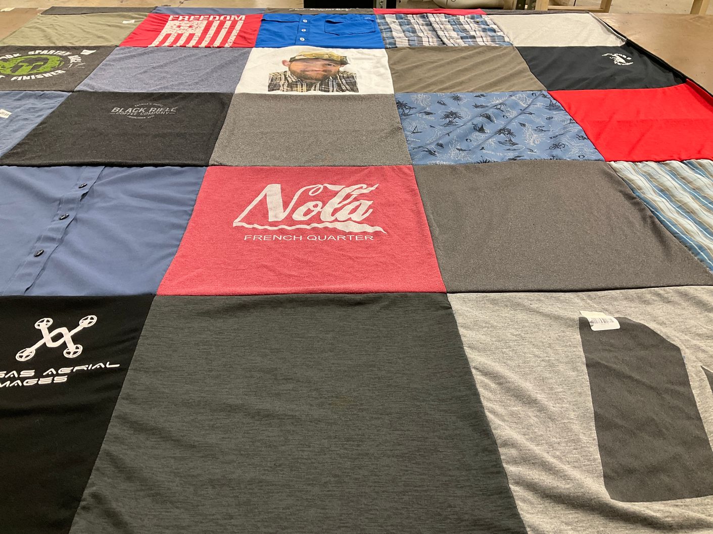 T-shirt quilt with photography, drones themes by Amanda from TX