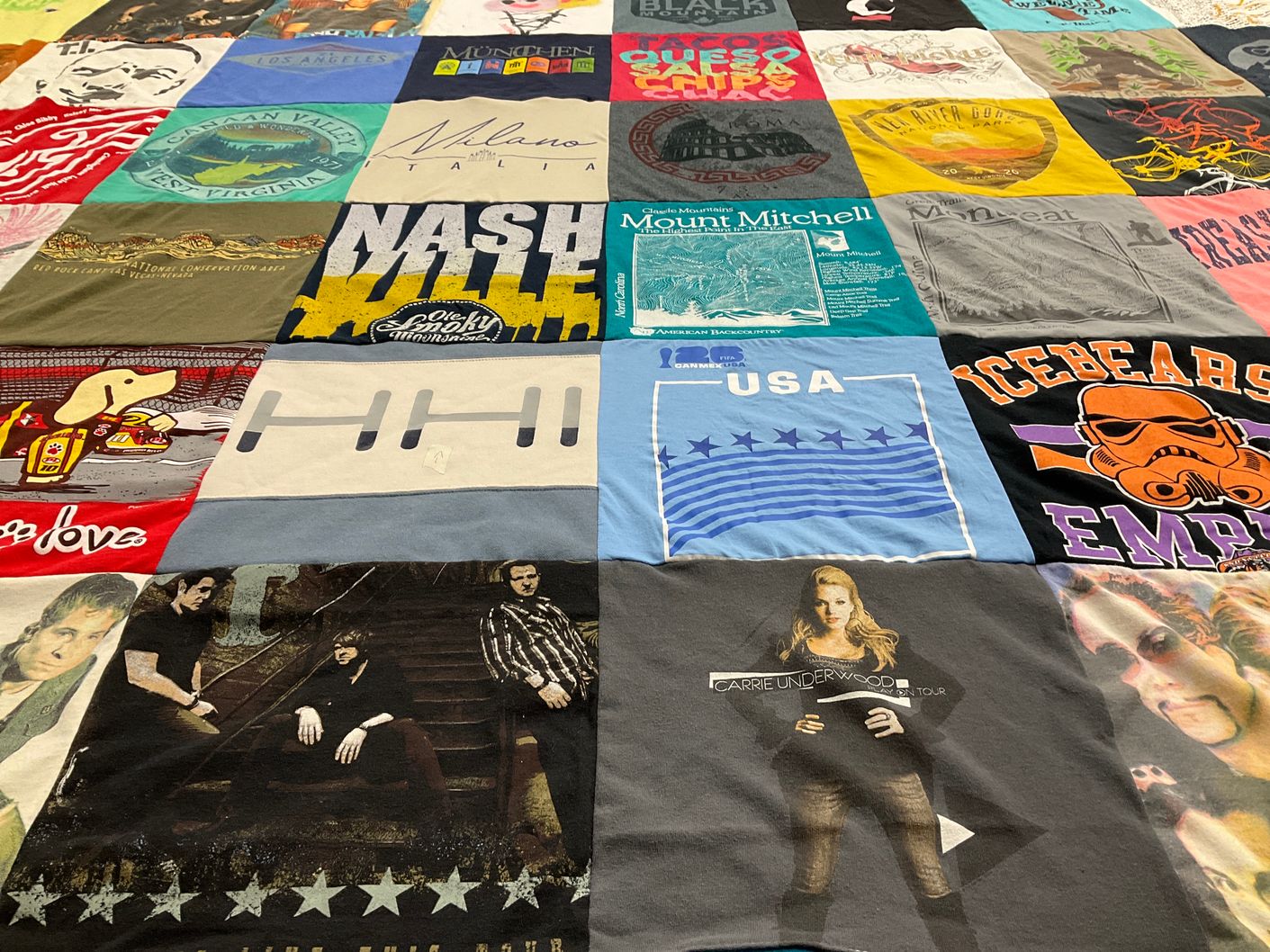 T-shirt quilt with music, travel themes by Linzy from IN