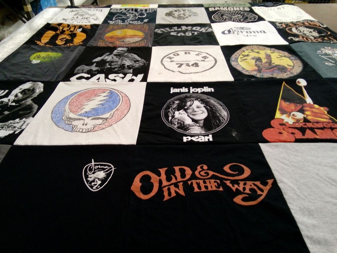 T-shirt quilt with music, rock themes by Donald from MA