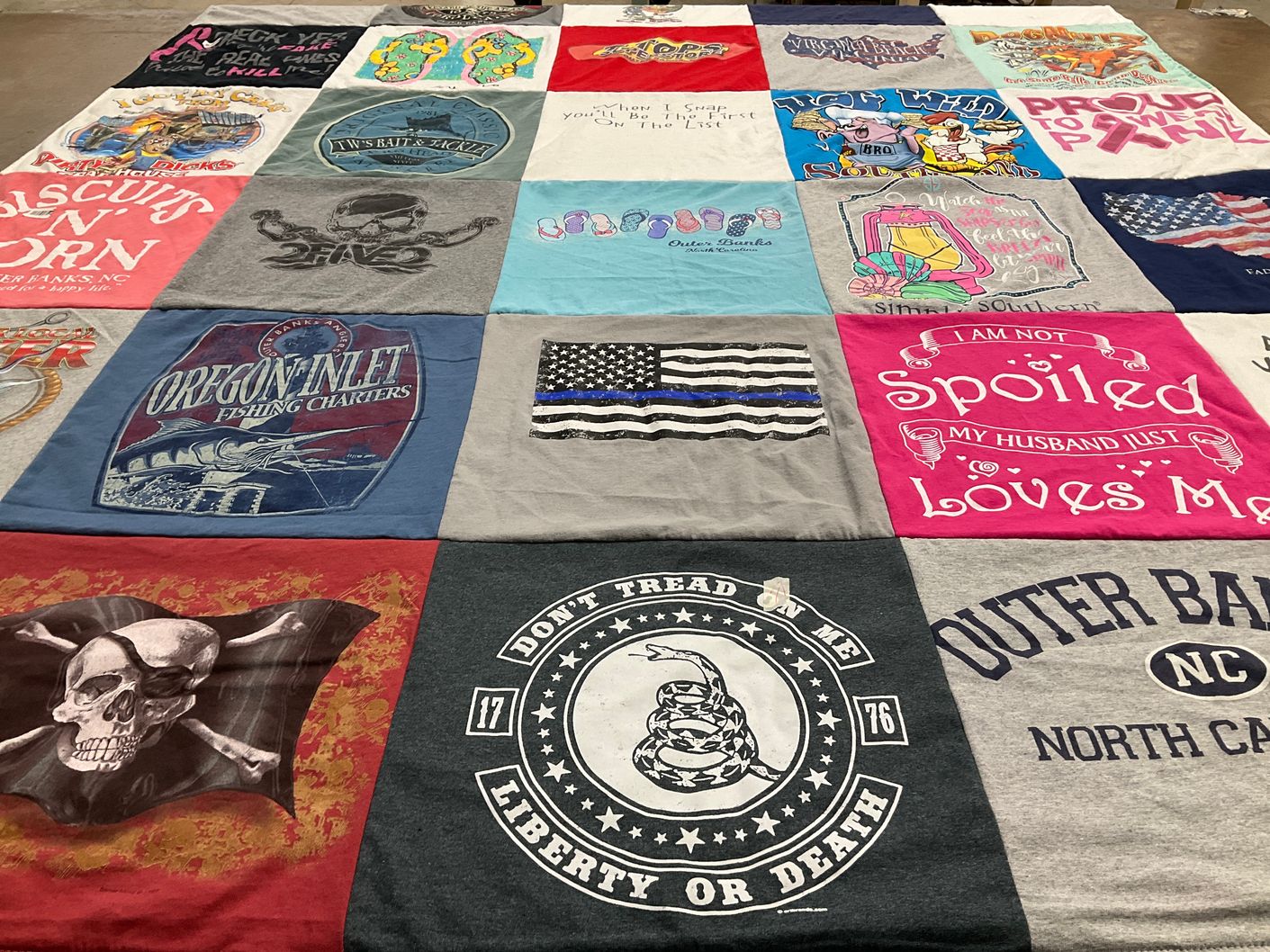 T-shirt quilt with fishing, beaches themes by Ruthann from VA
