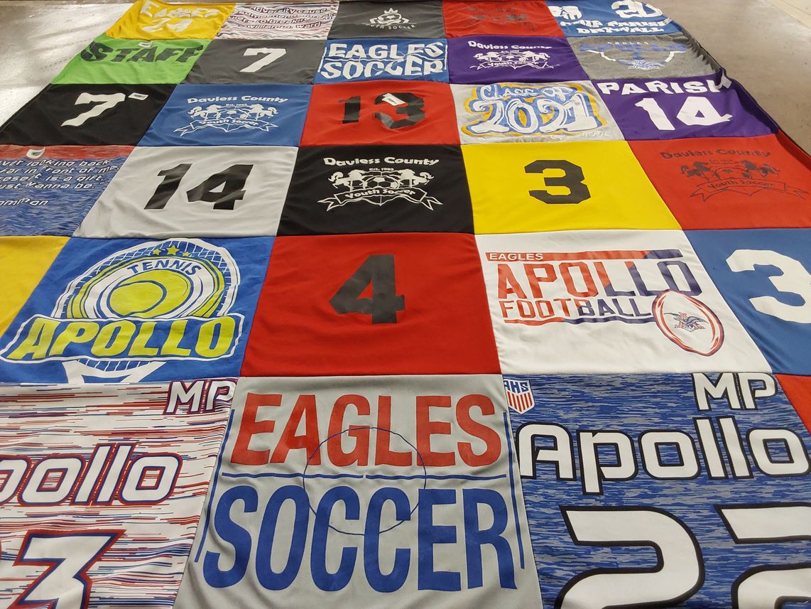 T-shirt quilt featuring eagles soccer, apollo football by Bridget from KY
