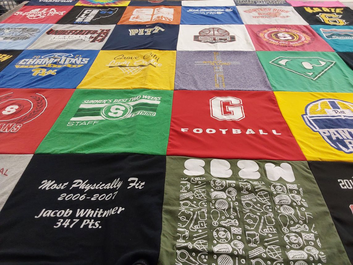 T-shirt quilt featuring pittsburgh university football, grove city college basketball by Lindsey from PA