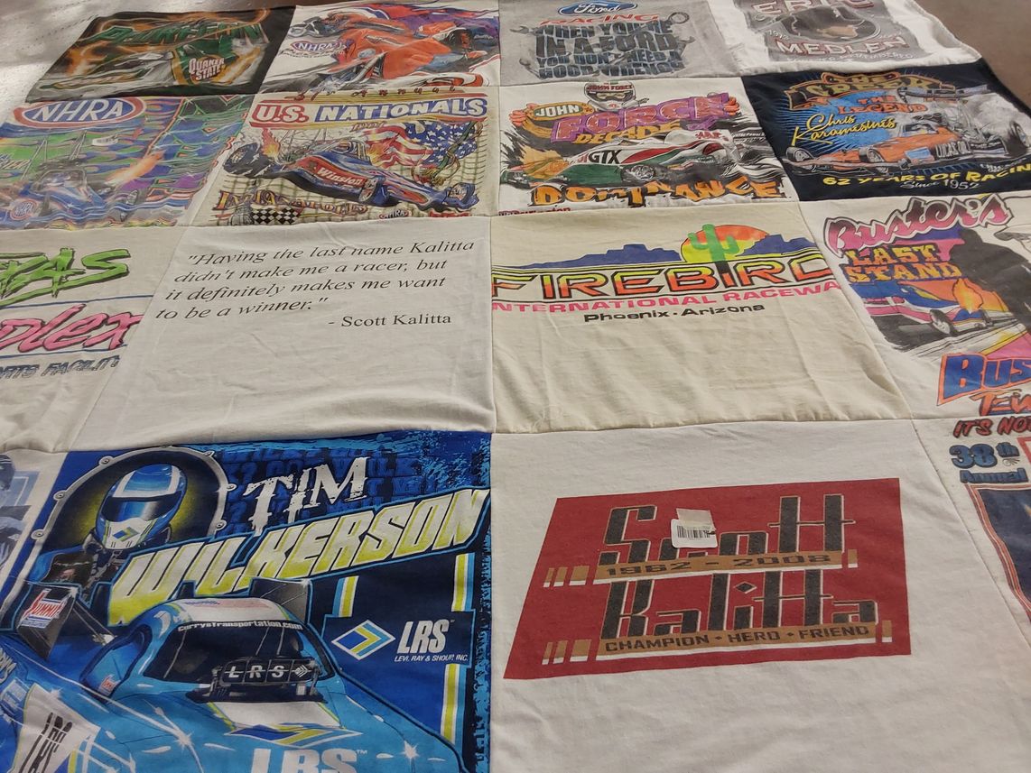 T-shirt quilt with drag racing themes by Cathy from FL