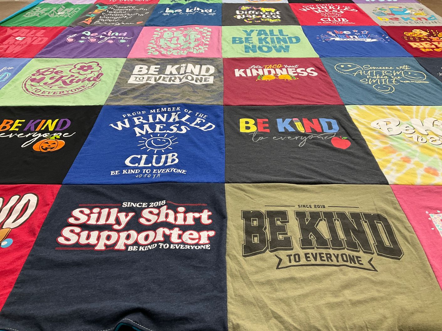 T-shirt quilt with kindness, supporting autism awareness themes by Tracy from IA