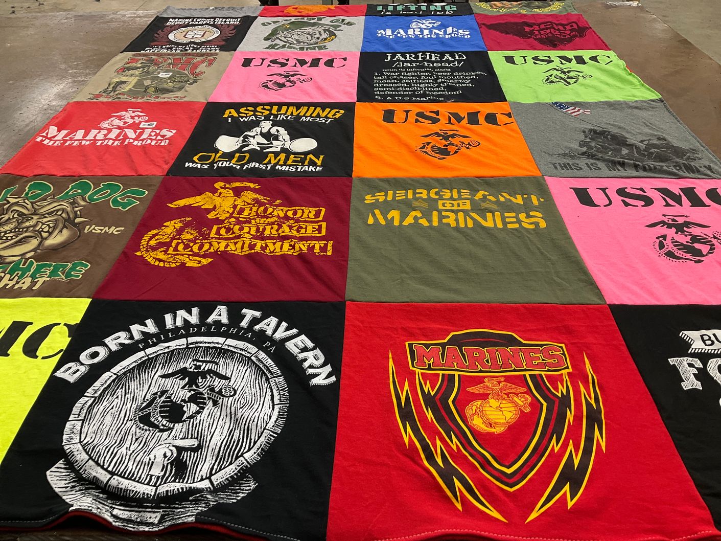 T-shirt quilt with military, marine corps themes by Janie from OK
