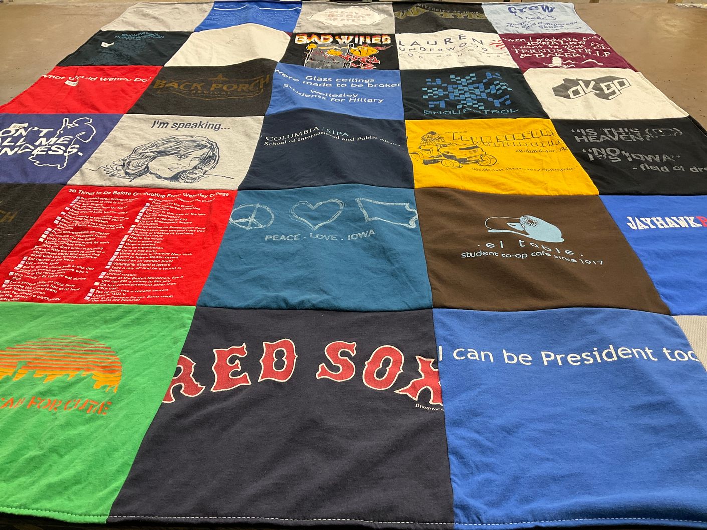T-shirt quilt with education, politics themes by Margaret from IA