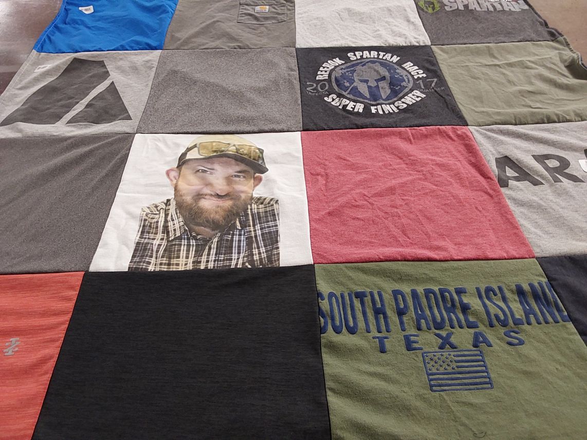 T-shirt quilt with outdoor activities, racing themes by Amanda from TX