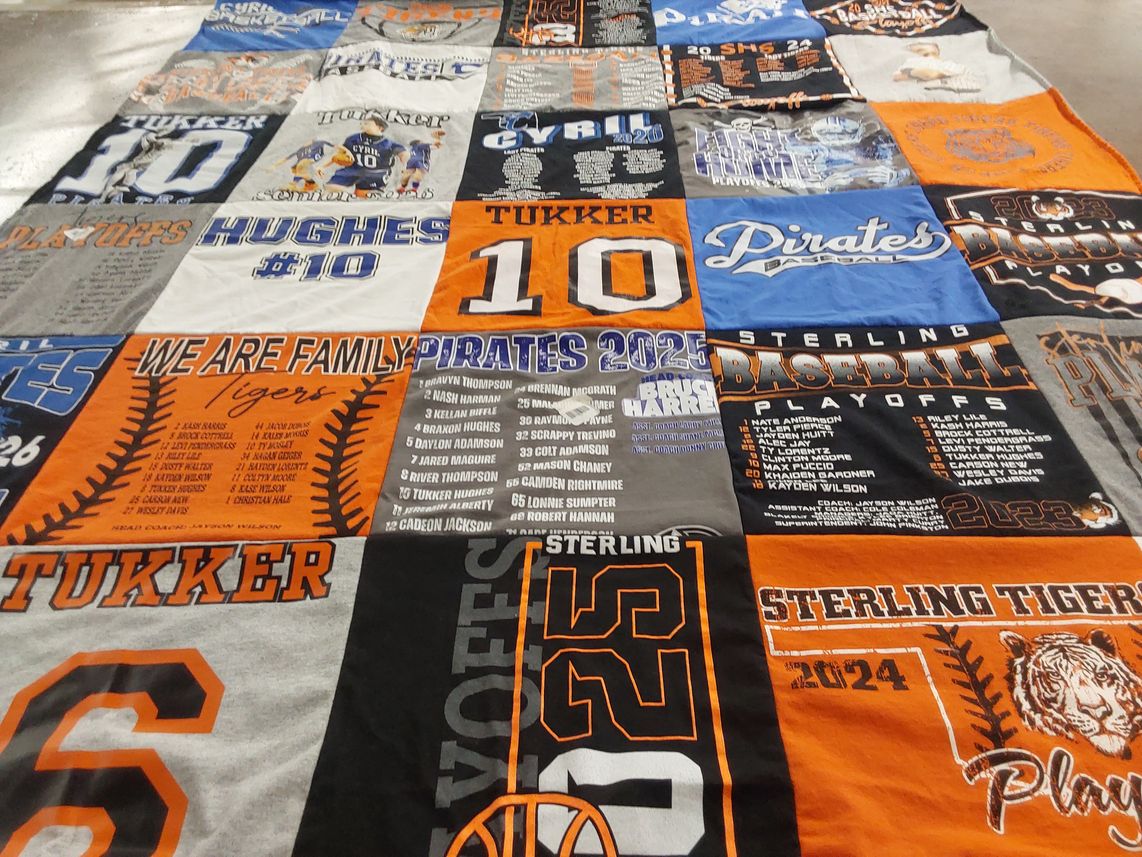 T-shirt quilt featuring sterling pirates, sterling tigers by Teri from OK