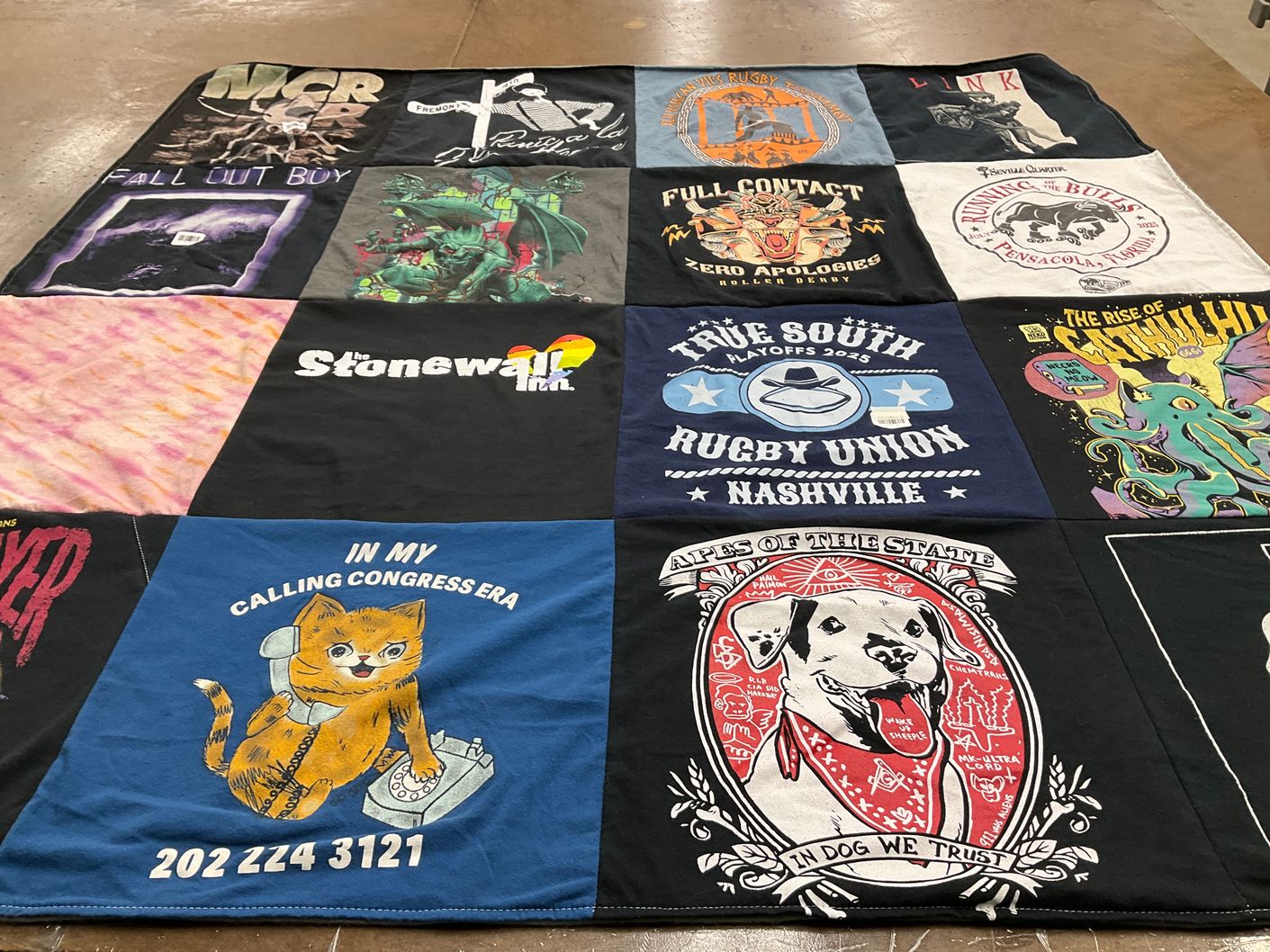 T-shirt quilt with music, rugby themes by Emma from FL