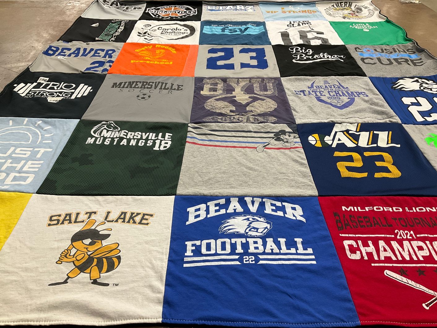 T-shirt quilt featuring beaver football team, minersville high school mustangs by Stephanie from UT