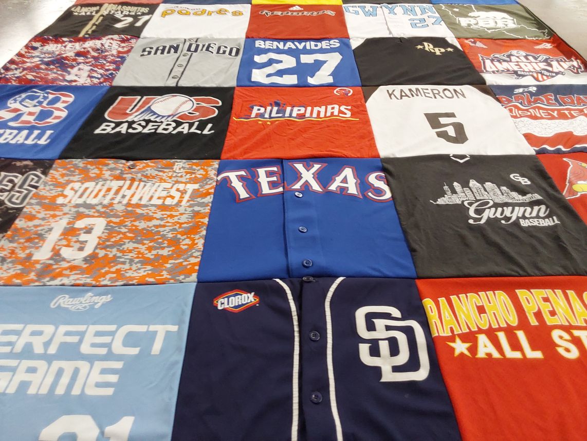 T-shirt quilt with baseball themes by Krisha from CA