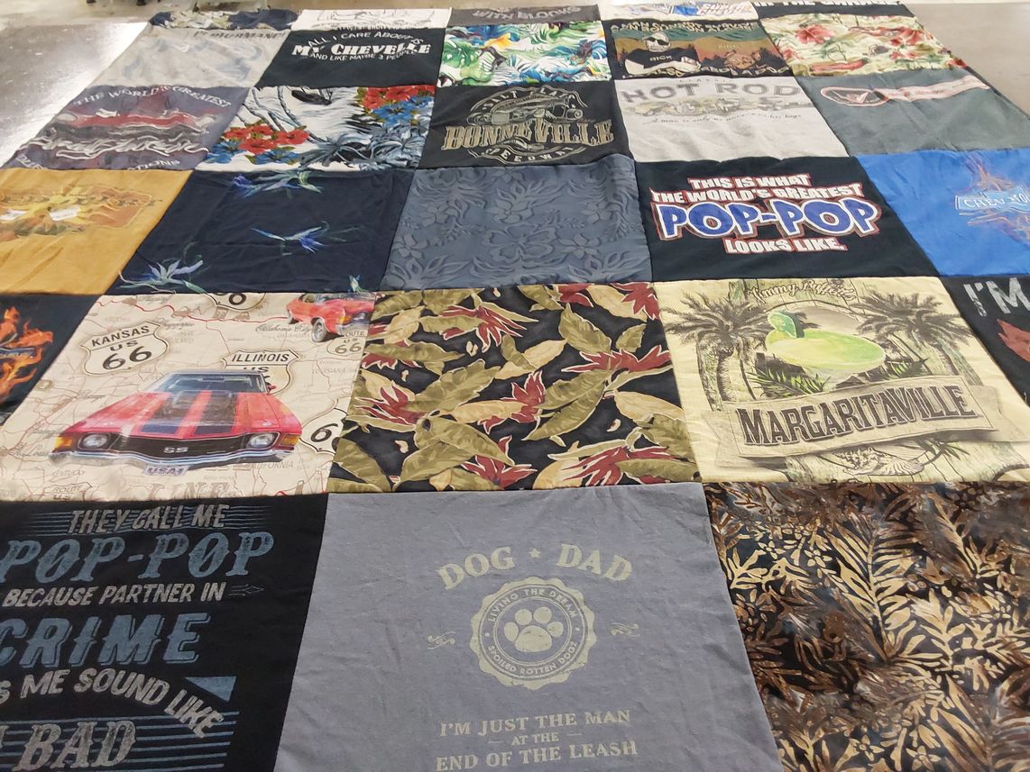 T-shirt quilt with cars, pets themes by Sharon from DE